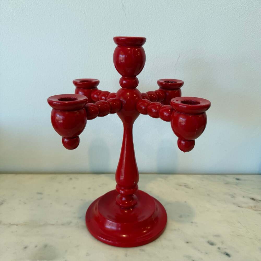 MCM Scandinavian Red Bobbin Candelabra Swedish Folk Art 5 Arm Candle Holder